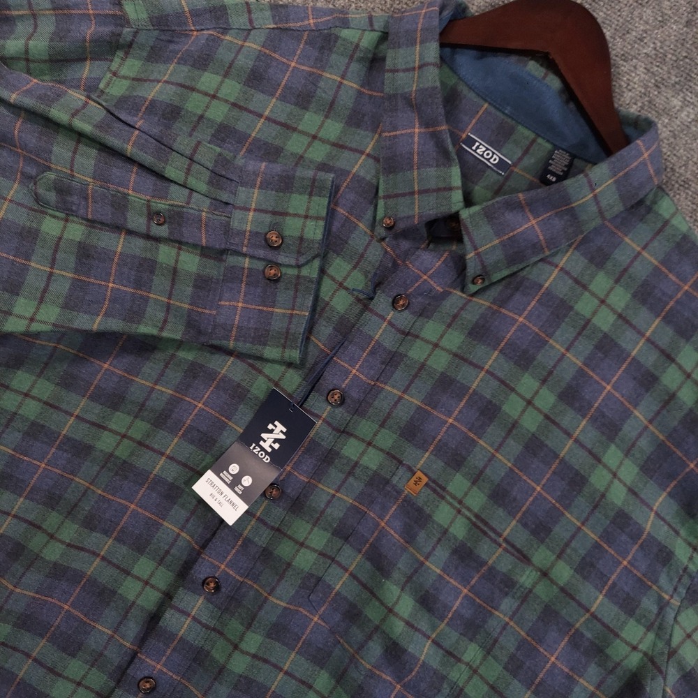 IZOD Shirt Men Big 4X Green Plaid Long Sleeve Button Up Stratton Flannel NEW